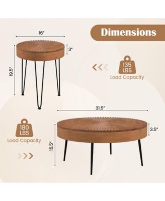 Set of 2 Boho Round Table with Solid Pine Wood Top and Metal Legs