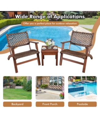 3 Pieces Outdoor Wooden Patio Rattan Furniture Set