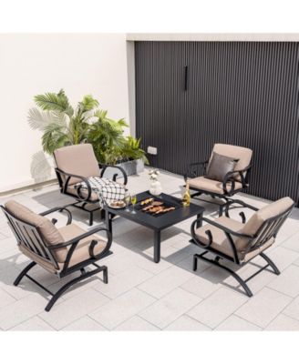 5 Pieces Patio Rocking Chairs and 4-in-1 Fire Pit Table with Fire Poker