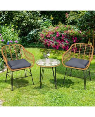 3 Pieces Rattan Furniture Set with Cushioned Chair Table