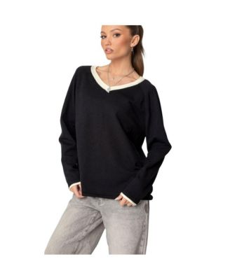 Women's Contrast V Neck Knit Sweater