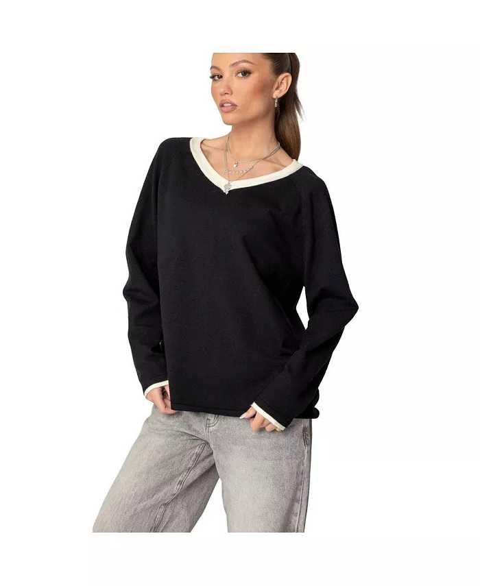 Women's Contrast V Neck Knit Sweater - thumbnail 2