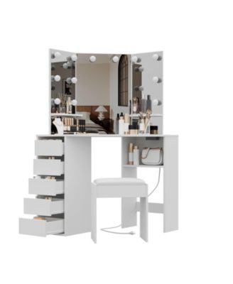 Vanity Desk with Mirror and Lights, Corner Makeup Vanity Desk