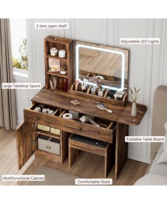 Brown Vanity Desk with LED Lighted Mirror & Power Outlet, Makeup Vanity with Drawers & Cabinet & Chair