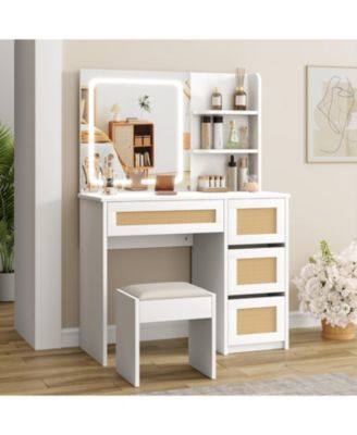 Rattan Makeup Vanity Desk with Charging Station, Vanity Desk with Mirror, 3 Lighting Modes LED Light