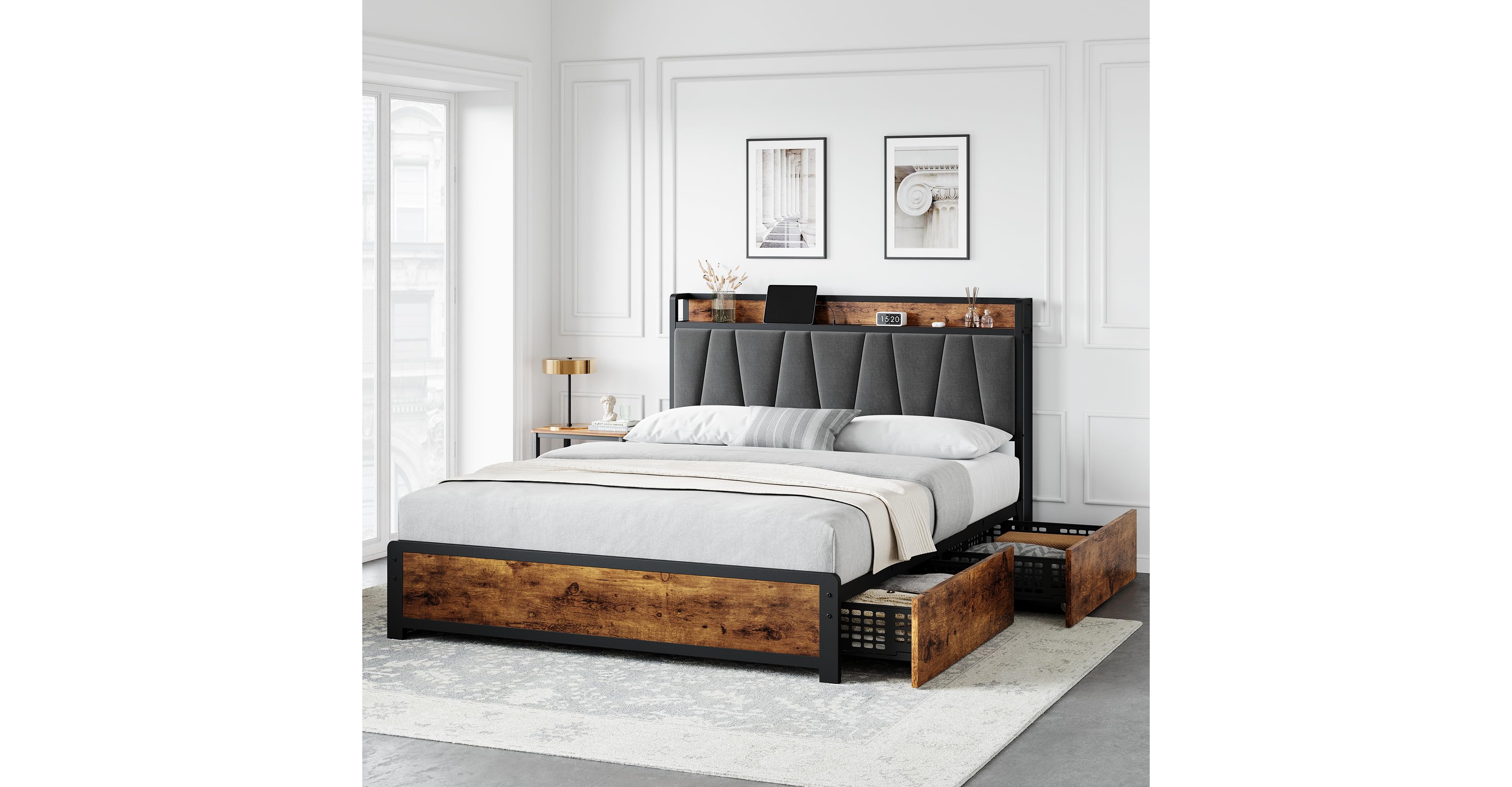 gaomon Queen Size Bed Frame with Upholstered Storage Charging Headboard, Heavy Duty Metal Platform Bed Frame with 4 Storage Drawers, Noise Free, No Bo