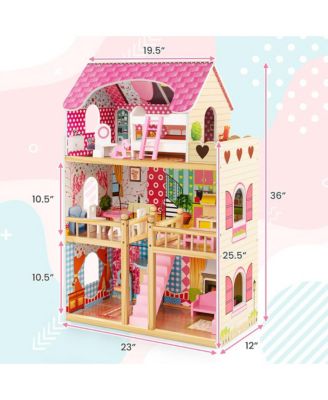 Kids Wooden Dollhouse Toddler DIY Pretend Playhouse w/ 15 Furniture Accessories