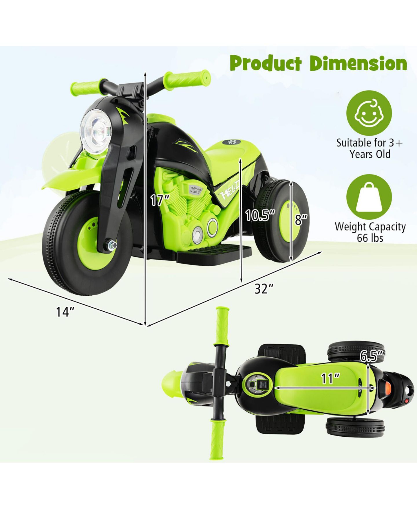 Детская игрушка Gymax 6V Kids Bubble Car Electric Ride-On Motorcycle with LED Headlight & Music, 66 lbs Capacity, Ages 3-7, цвет: Зелёный — фото 4