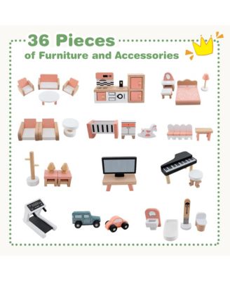 Wooden Corner Dollhouse Playset with 36 Pieces of Furniture and Accessories