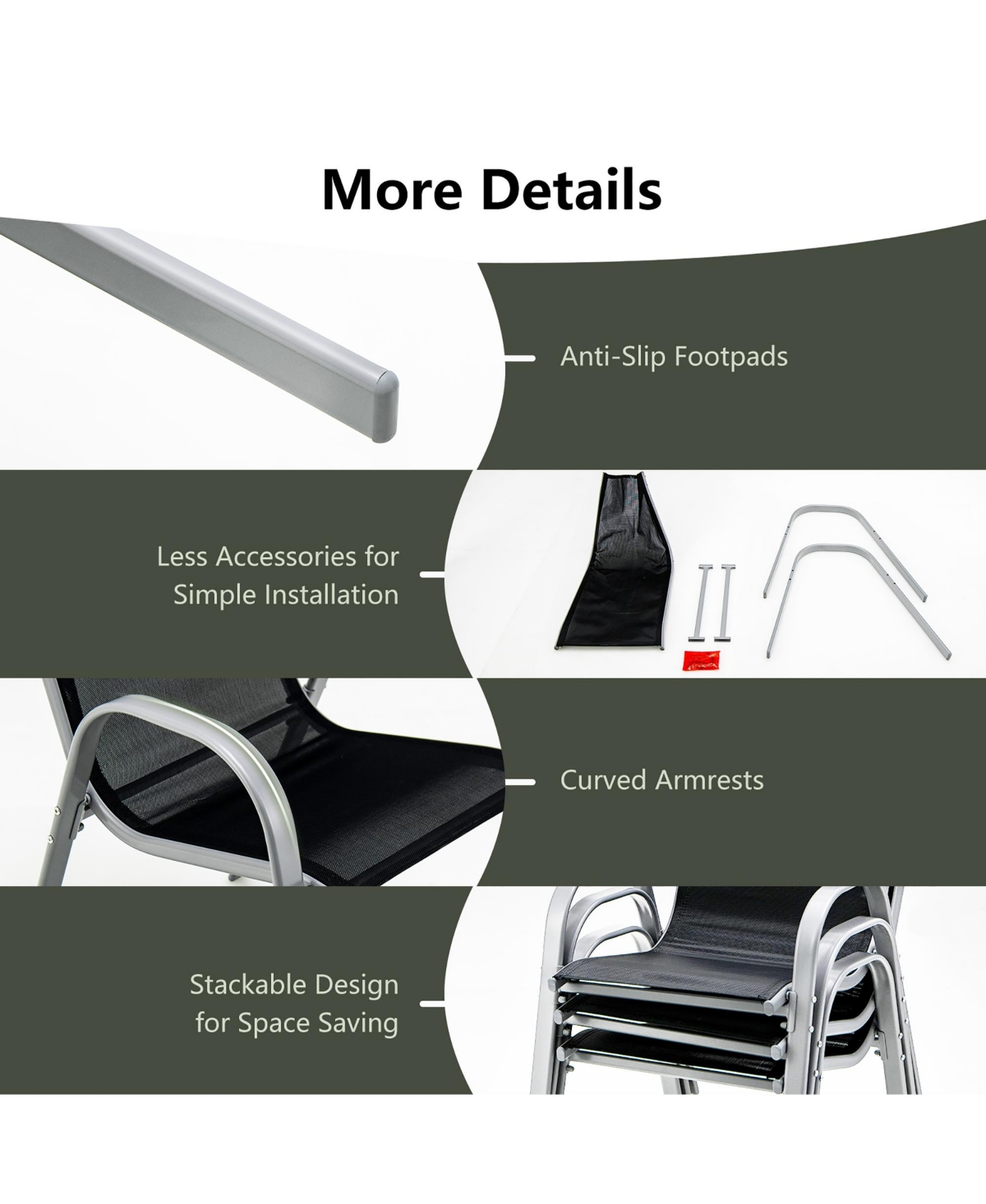 Gymax 4PCS Patio Stacking Dining Chairs w/ Curved Armrests & Breathable Seat Fabric - Black+silver