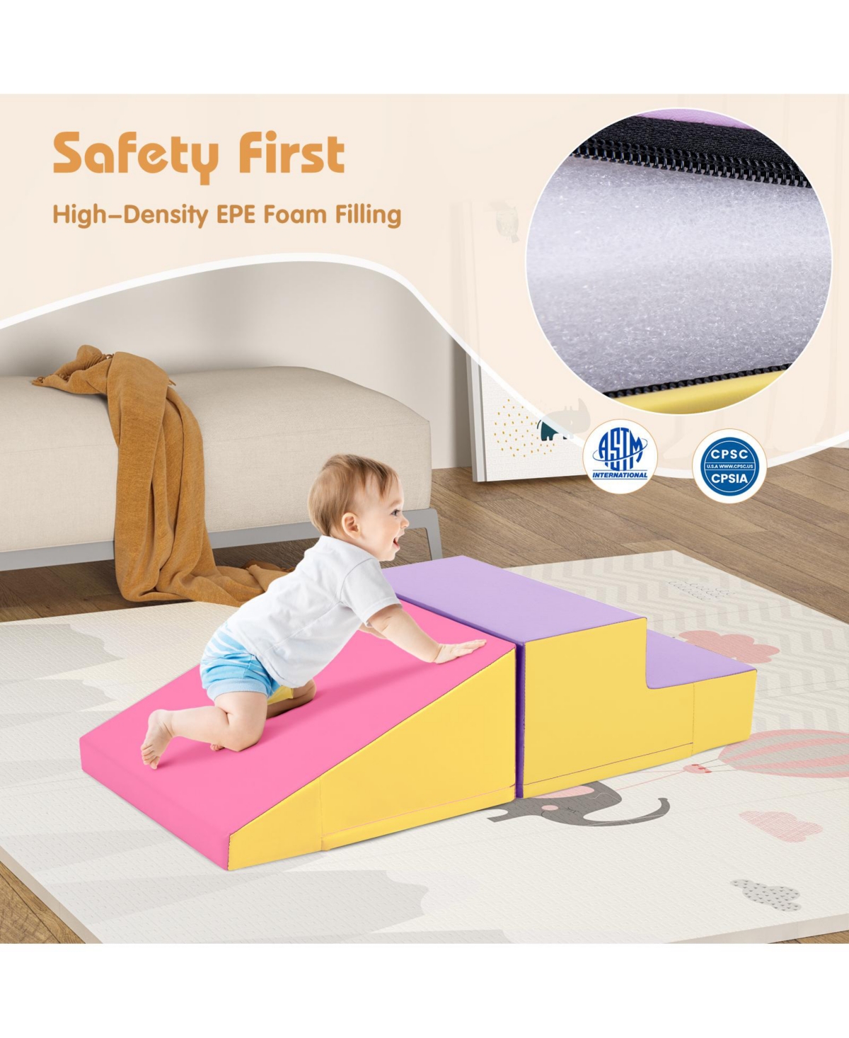 Gouun 2-Piece Step and Slide Climber for Infants and Toddlers Baby Soft Play Set Foam Blocks