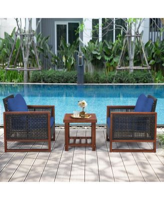 3 Pieces Patio Wicker Furniture Set with Acacia Wood Table and Washable Cushion