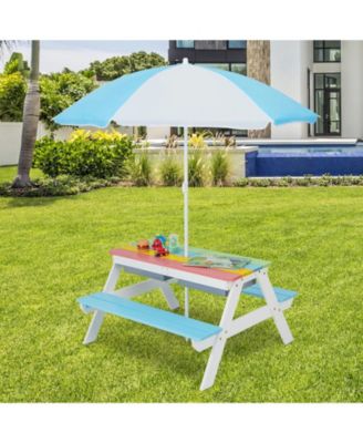 3-in-1 Kids Outdoor Picnic Water Sand Table with Umbrella Play Boxes