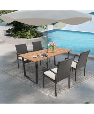 5 Pieces Patio Rattan Dining Set with Umbrella Hole and Seat Cushions