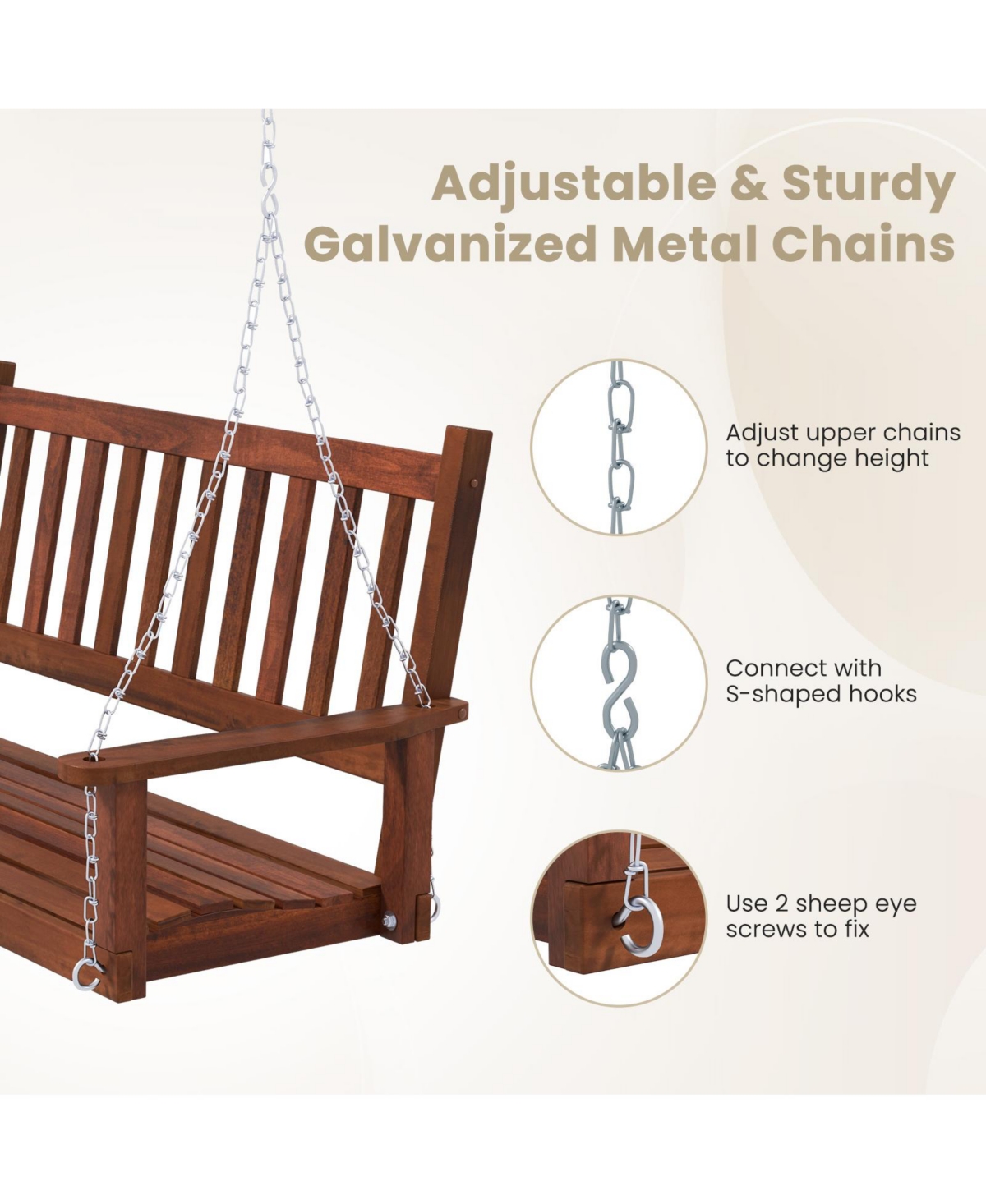 Gouun 2-Person Wooden Outdoor Porch Swing with lbs Weight Capacity