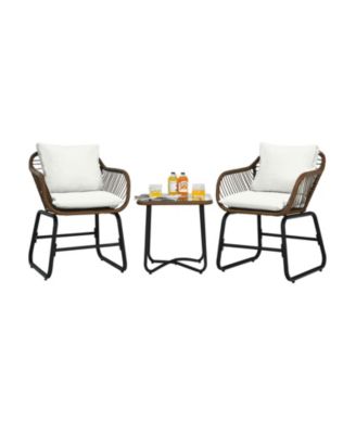 3 Pieces Patio Rattan Bistro Set Cushioned Chair Glass Table Deck