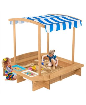 Kids Wooden Sandbox with Striped Canopy