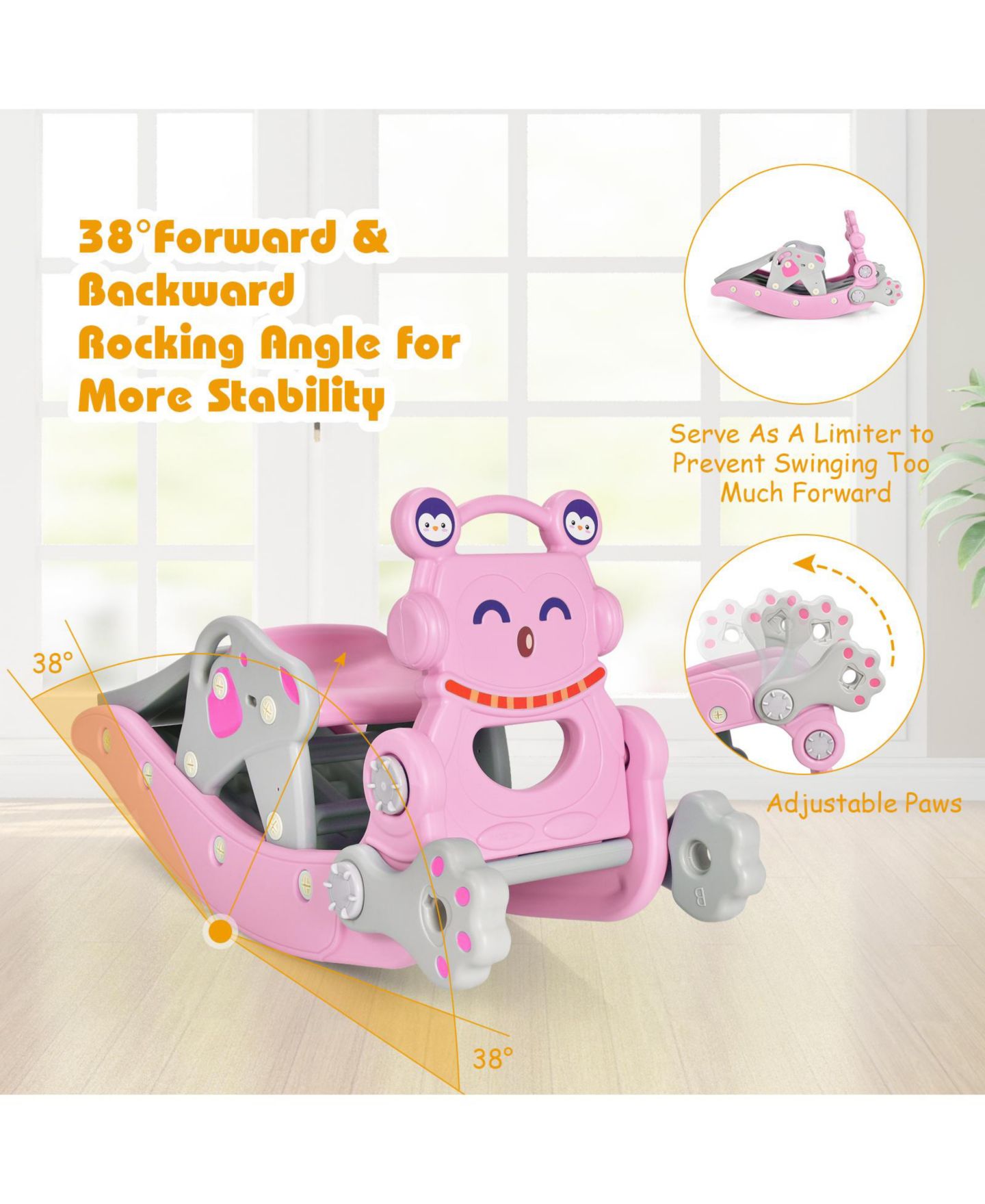 Детские игрушки GOUUN 4-in-1 Penguin Rocking Horse and Slide Set, Ages 1-5, цвет: Розовый — фото 10
