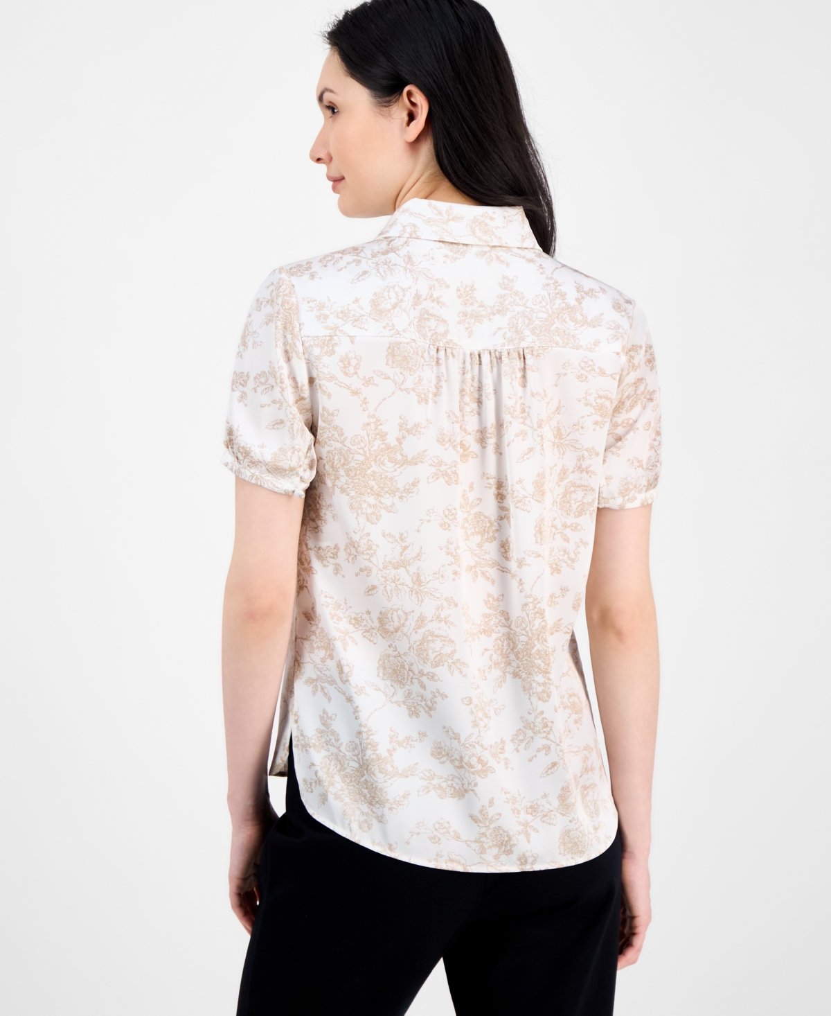 Shop Anne Klein Women's Floral-print Short-sleeve Collared Blouse In White Dove,coffee Cream