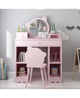 Kids Wooden Play Vanity Set with Vanity Table, Mirror