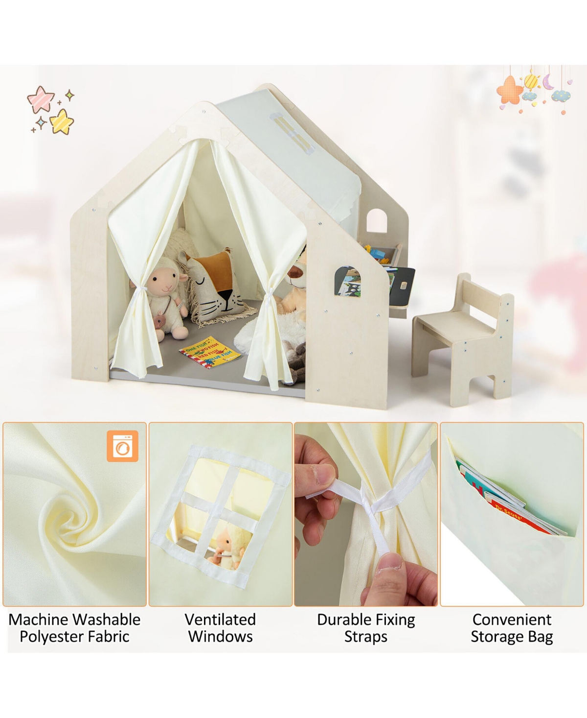 Gymax 6-in-1 Kids Playhouse Wooden Indoor Play Tent w/ Blackboard Desk Table Chair - Natural+white