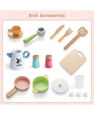 Kids Play Kitchen Pretend Playset w/ 2 Curtains & 16 Pcs Play Accessories Pink