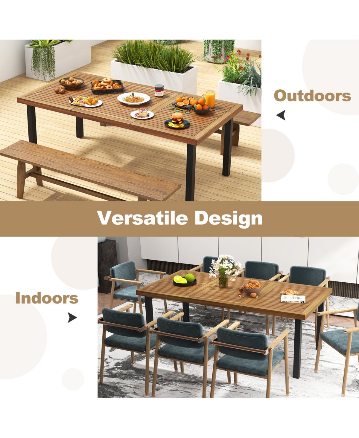 Gouun Acacia Wood Dining Table 8-Person Patio Table with Umbrella Hole and Adjustable Foot Pads