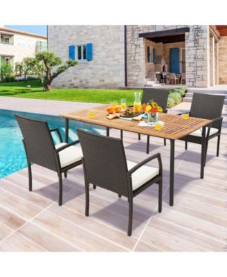 Patio Acacia Wood Dining Table with Umbrella Hole and Metal Legs
