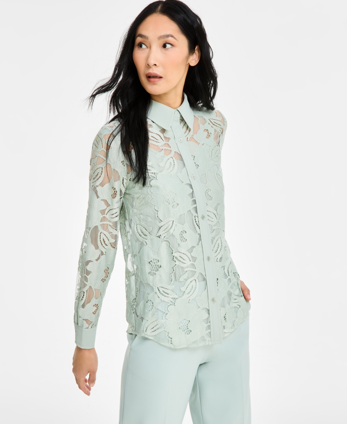 Anne Klein Womens Collared Lace Button Front Shirt Liberty Stretch High Rise Wide Leg Pull On Pants In Soft Aloe