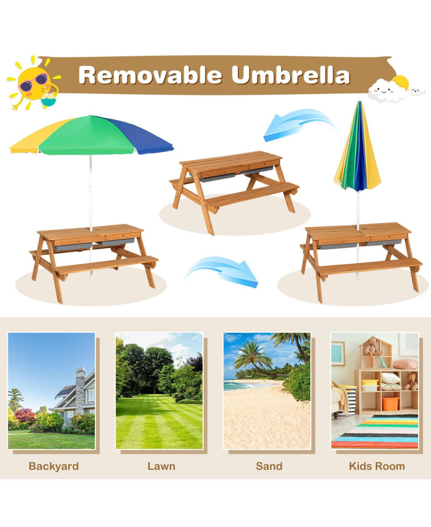 Детская игрушка GOUUN 3-in-1 Kids Outdoor Picnic Water Sand Table with Umbrella Play Boxes, цвет: Жёлтый — фото 7
