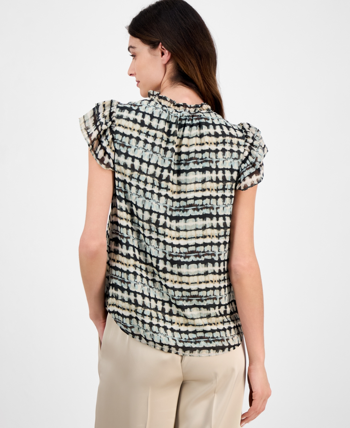 Anne Klein Women's Abstract-print Split-neck Flutter-sleeve Top In Anne Black Mult