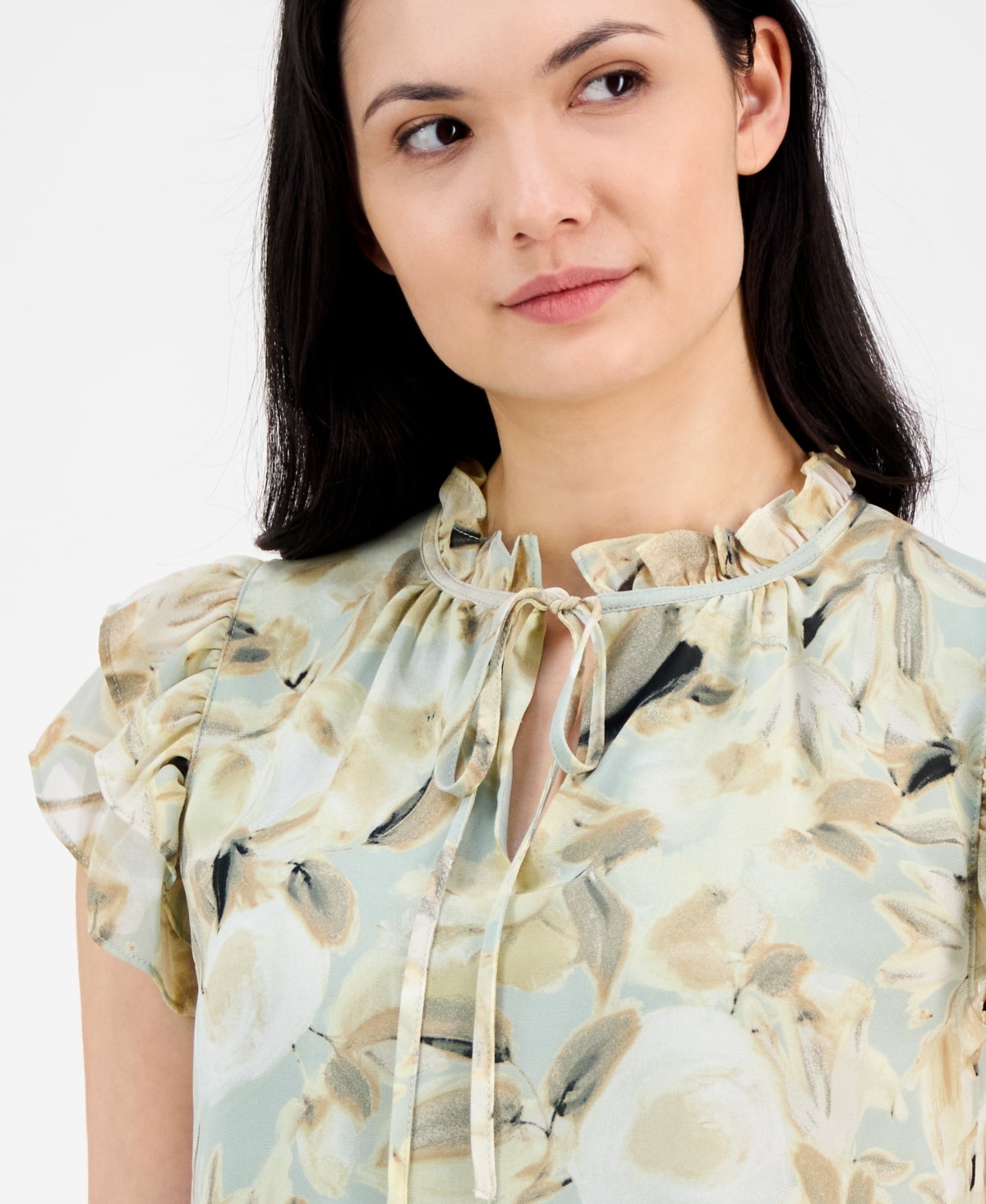 Anne Klein Women's Abstract-print Split-neck Flutter-sleeve Top In Soft Aloe Multi