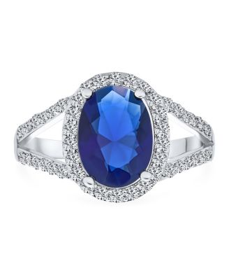 Classic 10CT CZ Royal Blue Halo Statement Oval Solitaire Promise Ring With Split Shank Thin Band Silver Plated