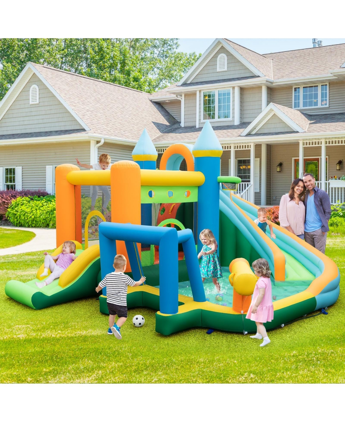 Gouun Inflatable Water Slide with Dual Slides and Splash Pool Bounce House with 735W Blower
