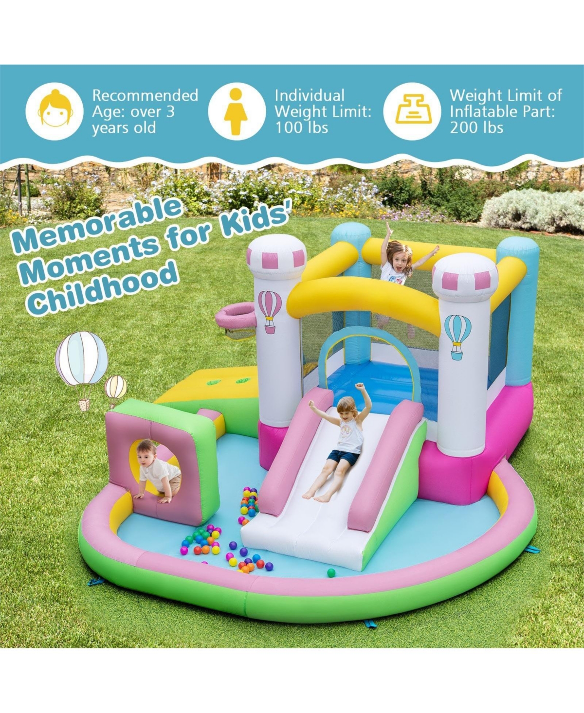 Gouun Inflatable Bounce House Bouncy Castle with Slide and Obstacle and Ball Pit without Blower