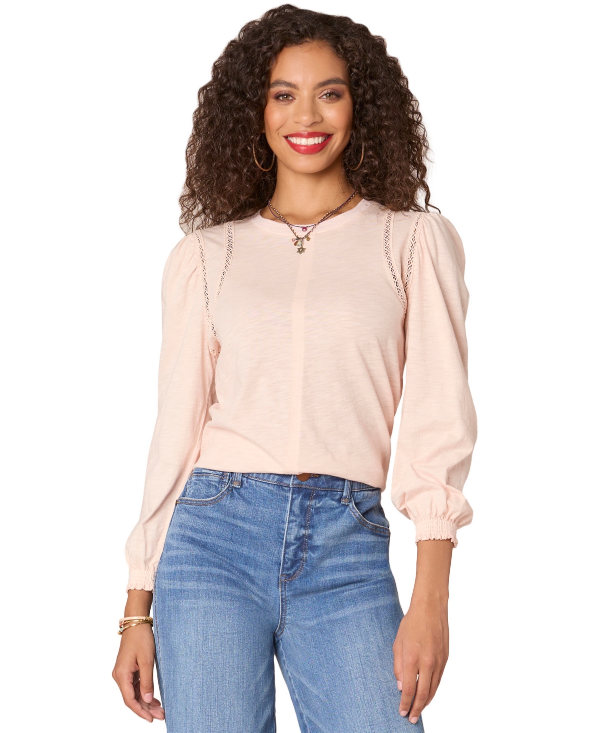 Petite Crewneck Crochet Long-Sleeve Top - Rose Smoke