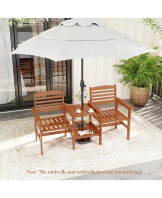 Outdoor Patio Wood 2-Seat Conversation Set with Table and Umbrella Hole