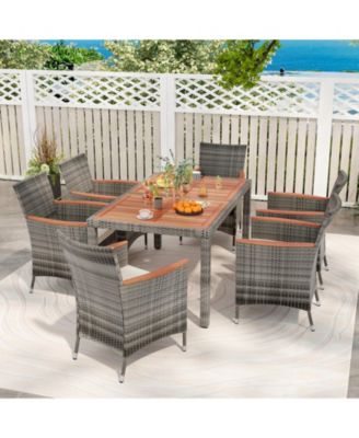 7 Pieces Patio Acacia Wood Cushioned PE Rattan Wicker Dining Set