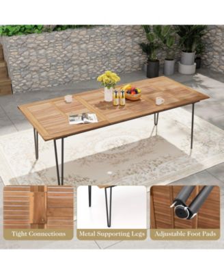 86.5 Inch Rectangular Patio Dining Table for 8 with Acacia Wood Tabletop and Umbrella Hole-86.5 inches