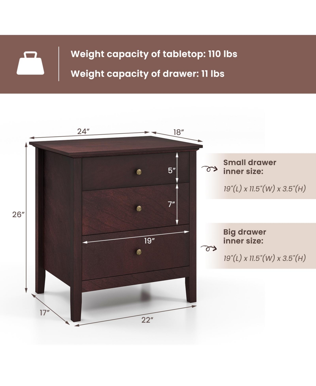 Gouun 3 Drawers Nightstand Beside End Side Table Accent Table