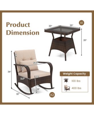 3 Piece Outdoor Rocking Set with Tempered Glass Table for Backyard Poolside