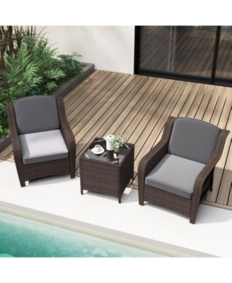 3 Pieces Outdoor Rattan Furniture Set with Cushions and Tempered Glass Table