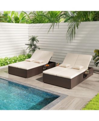 Patio Double Chaise Lounge with Cushions and Folding Side Trays
