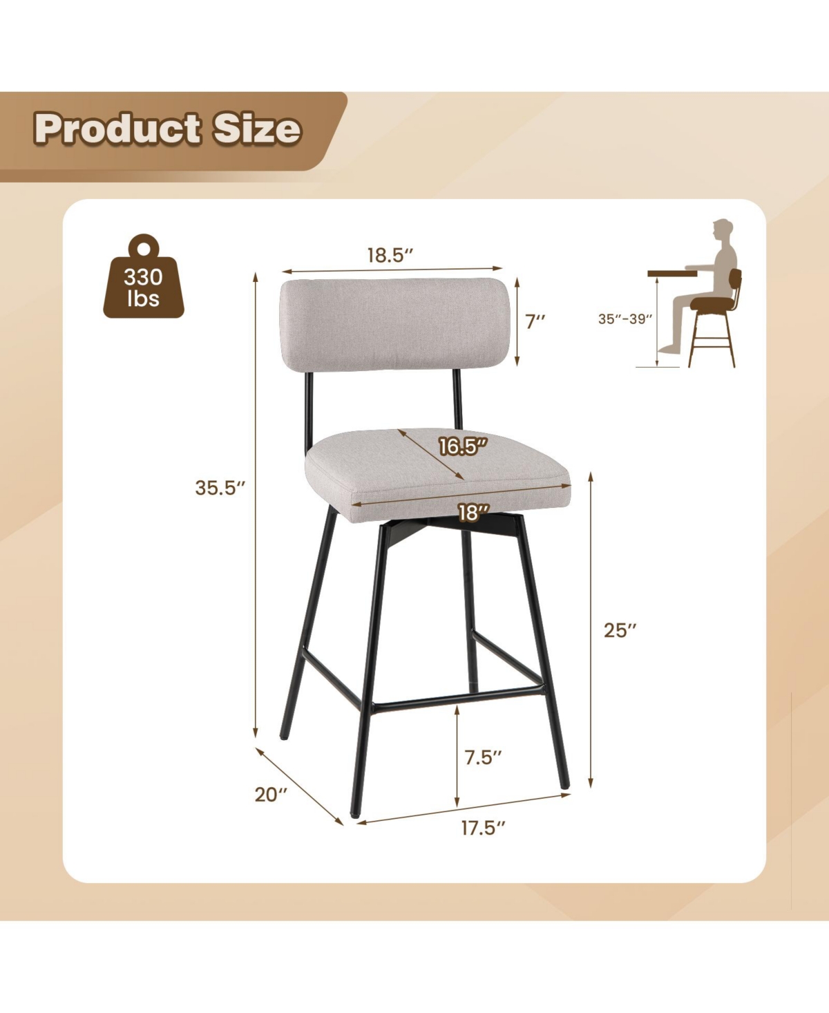 Gouun 25 Inch 2-Piece Modern Upholstered Bar Stools with Back and Footrests