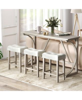 4-Piece Bar Table Set with Power Outlet and Upholstered Saddle Seat Stools