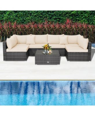 7 Pieces Patio Rattan Furniture Set with Sectional Sofa Cushioned