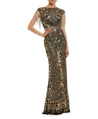 Women's High Neck Sleeveless Beaded Fringe Fitted Gown