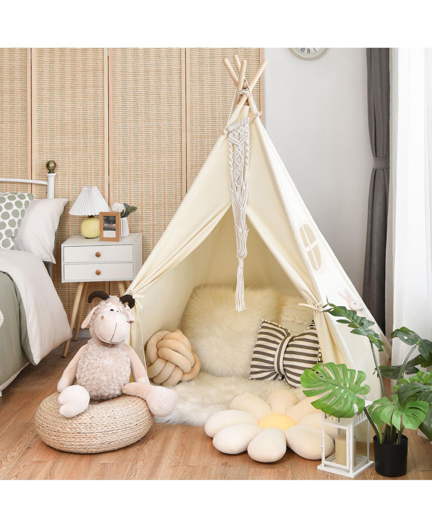 Детская игрушка Gymax Indian Canvas Teepee Tent with Window, Ages 3-7, цвет: Светлый бежевый — фото 1