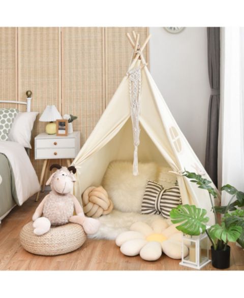 Детская игрушка Gymax Indian Canvas Teepee Tent with Window, Ages 3-7, цвет: Светлый бежевый