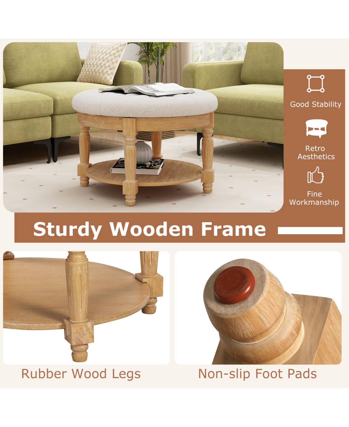 Gouun 29 Inch Round Ottoman Table 2-Tier Upholstered Tufted Footrest Ottoman with Flip-up Top -khaki